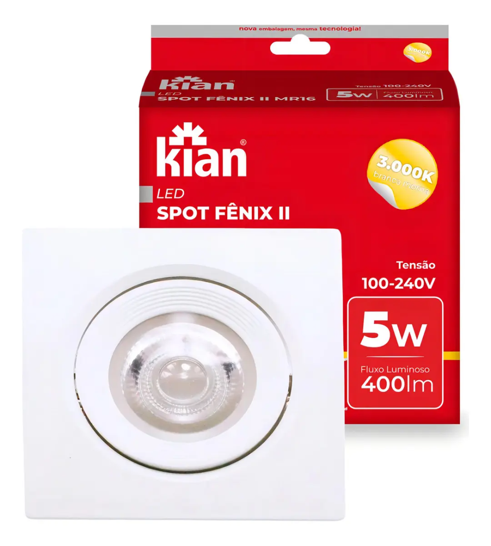 Spot Embutir Led Bivolt Quadrada 4000k Branco Neutro 9cm 5w